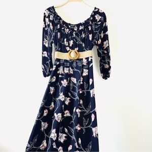Lucky Brand Dress Floral Midi 3/4 Sleeves, Navy Blue, Size Medium - 🧲